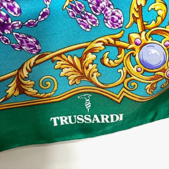 Unused TRUSSARDI 100% SILK Lg SCARF 34" Teal Green Gold Glass Purple (40 - Picture 10 of 13
